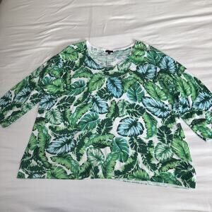 Talbots Sweater Green White Palm Leaf Plus 2X Lightweight Cotton 3/4 Sleeve EUC
